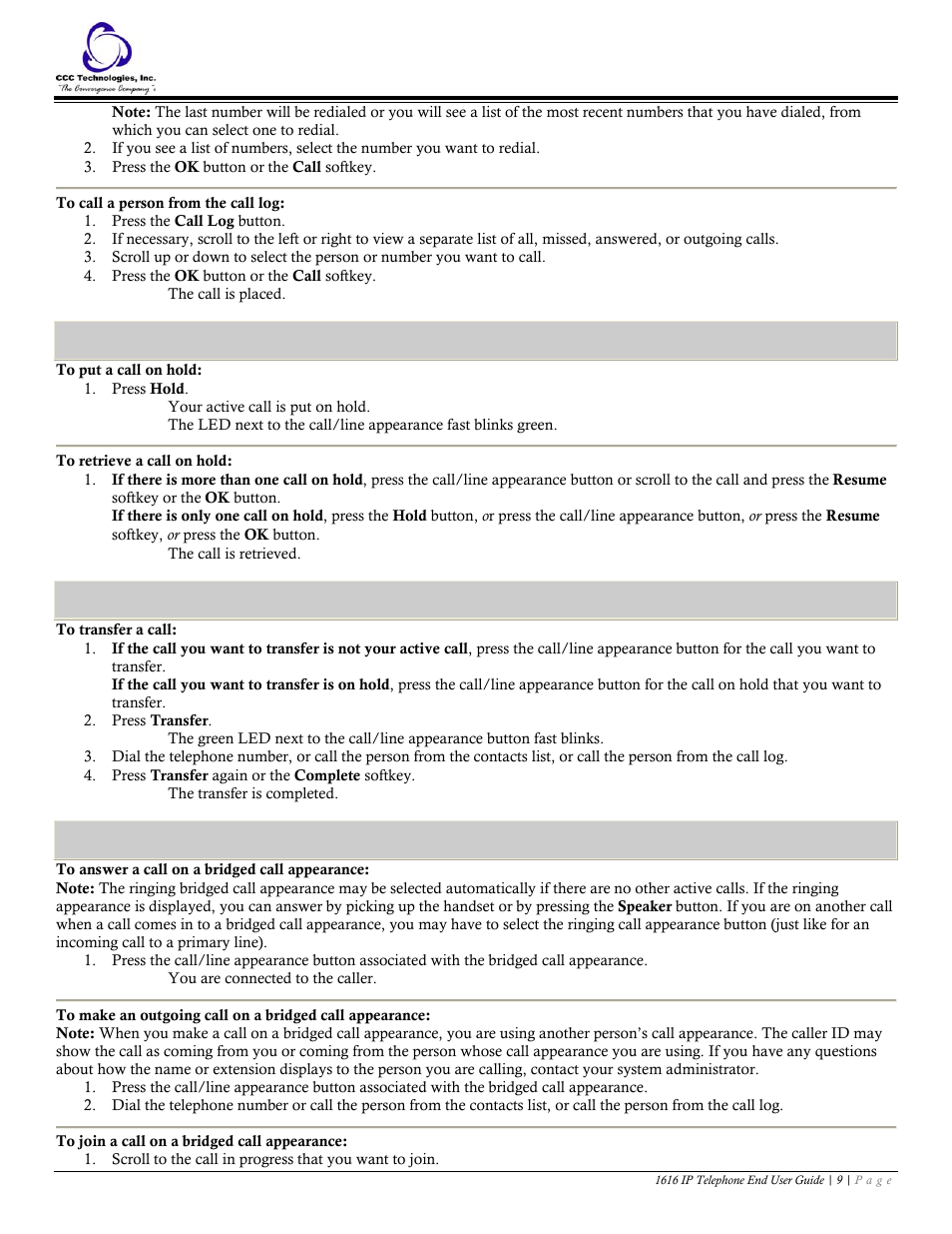 To call a person from the call log, Hold, To put a call on hold | To retrieve a call on hold, Transfer, To transfer a call, Bridged calls, To answer a call on a bridged call appearance, To join a call on a bridged call appearance | Avaya 1616 IP User Manual | Page 9 / 20