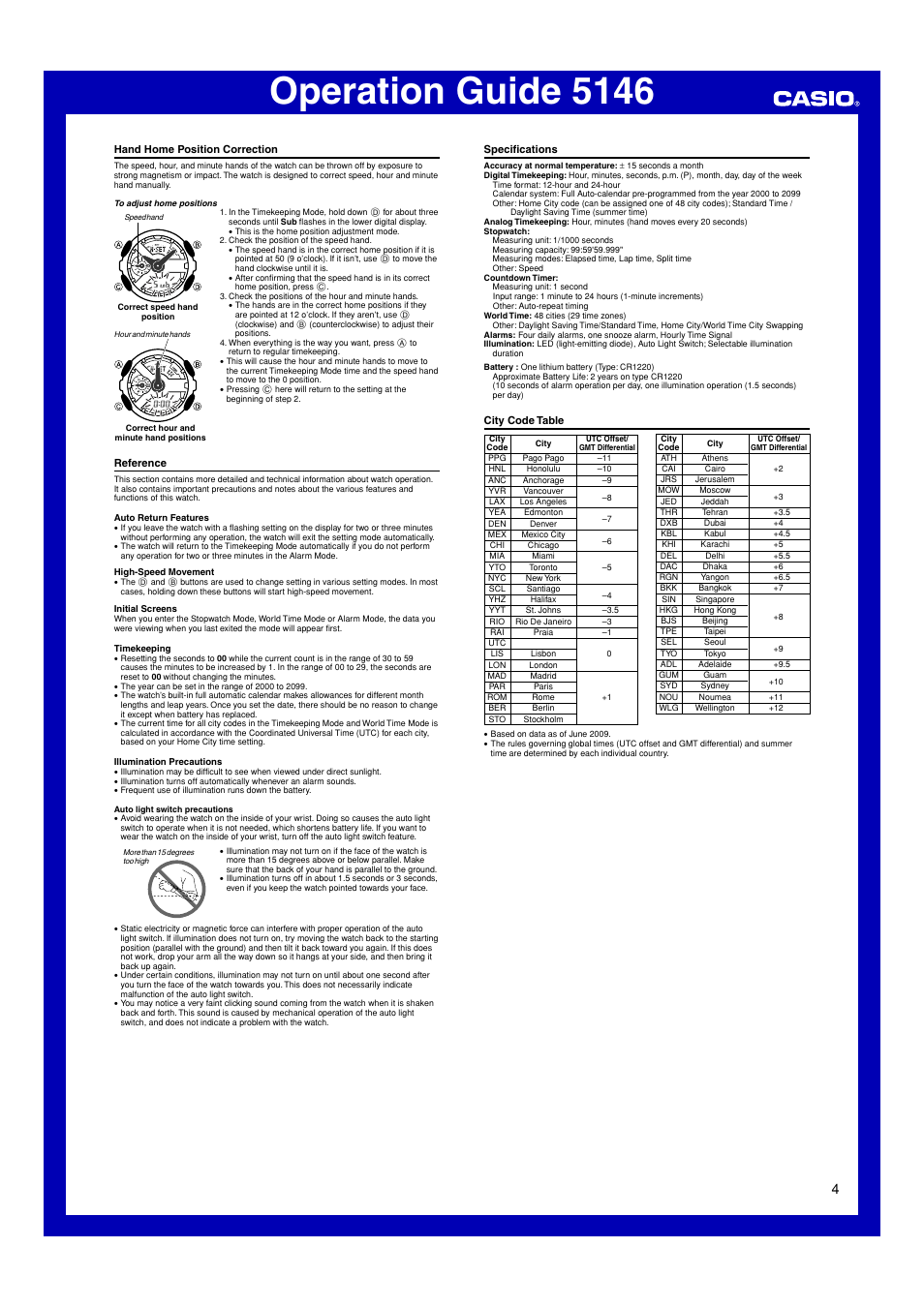 Hand home position correction, Reference, Specifications | City code table, Operation guide 5146 | Casio 5146 User Manual | Page 4 / 4