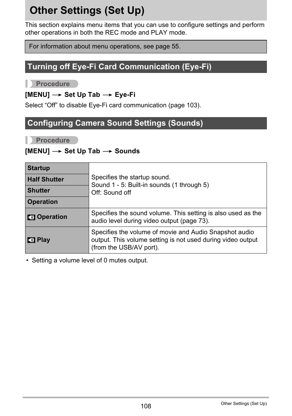 Other settings (set up), Turning off eye-fi card communication (eye-fi), Configuring camera sound settings (sounds) | Other settings, Set up) 108 | Casio EXILIM EX-Z16 User Manual | Page 108 / 146