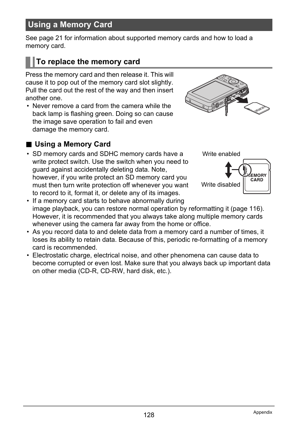 Using a memory card, To replace the memory card | Casio EXILIM EX-Z16 User Manual | Page 128 / 146