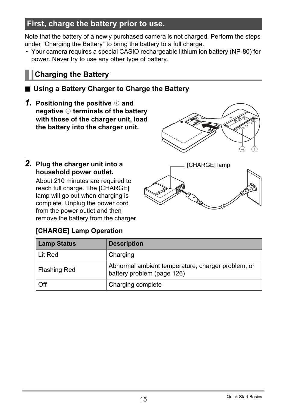 First, charge the battery prior to use, Charging the battery | Casio EXILIM EX-Z16 User Manual | Page 15 / 146