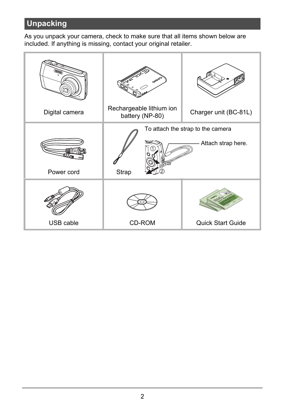 Unpacking | Casio EXILIM EX-Z16 User Manual | Page 2 / 146