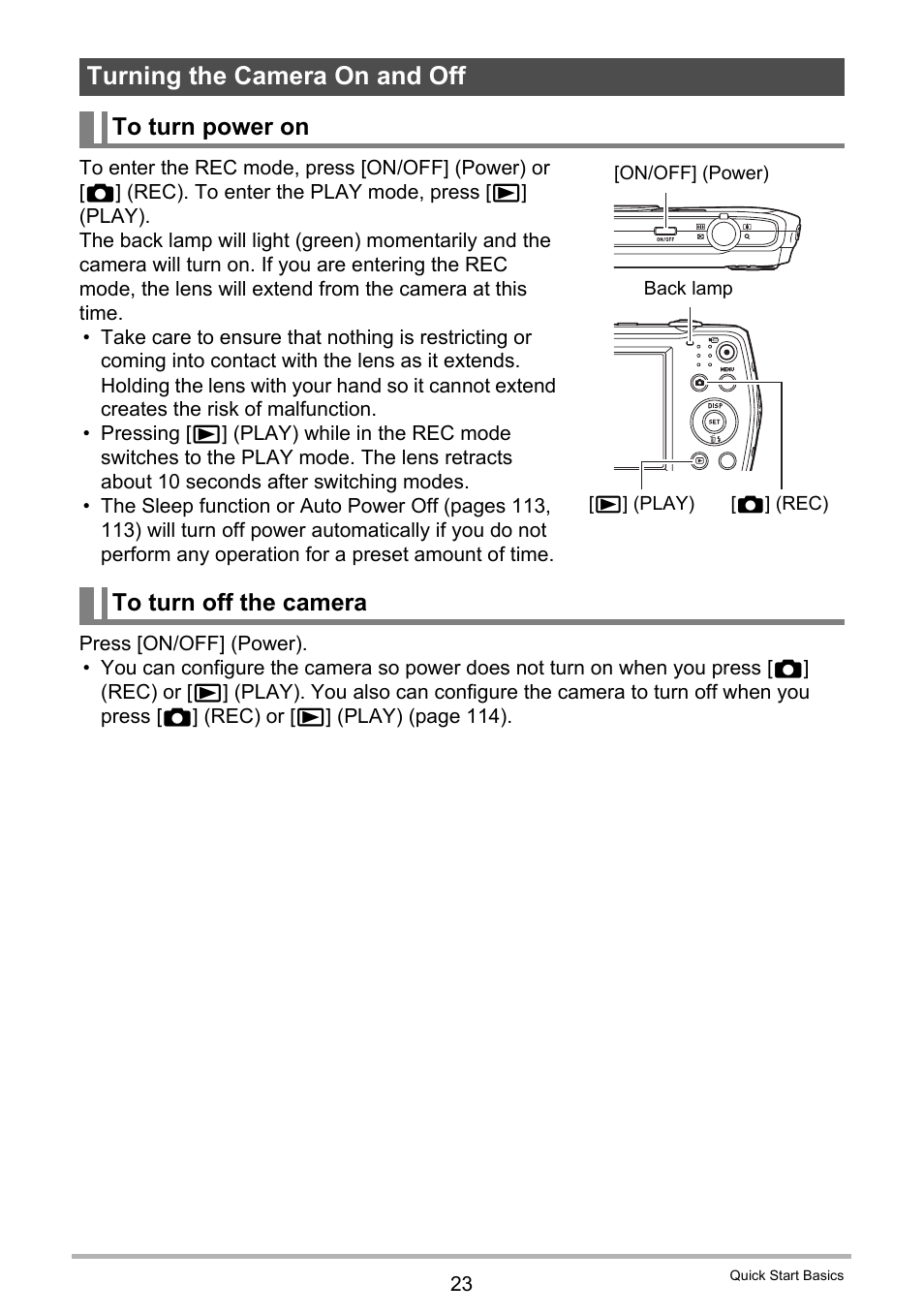 Turning the camera on and off, To turn power on, To turn off the camera | Casio EXILIM EX-Z16 User Manual | Page 23 / 146