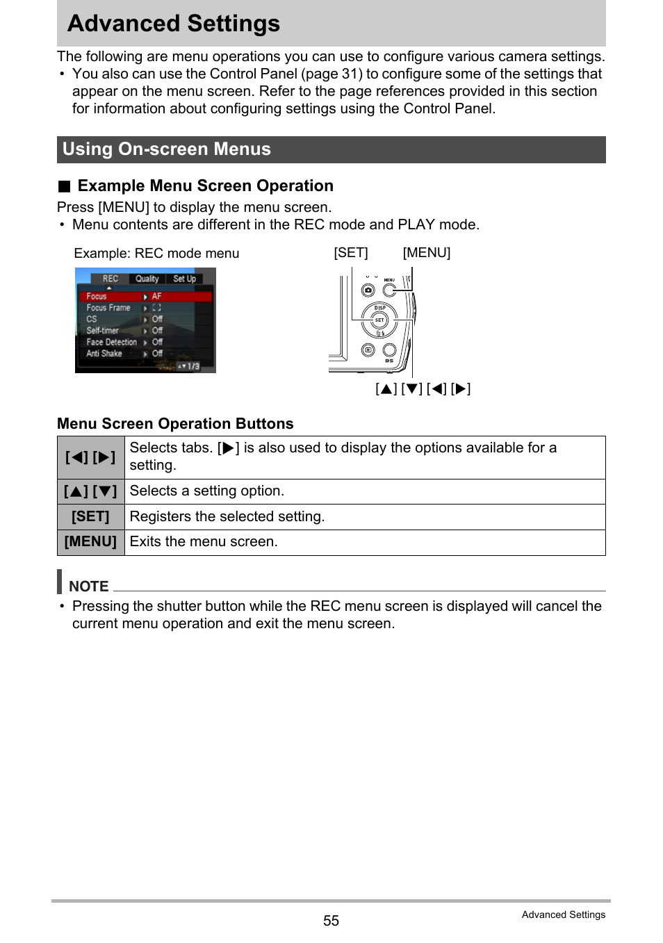 Advanced settings, Using on-screen menus | Casio EXILIM EX-Z16 User Manual | Page 55 / 146