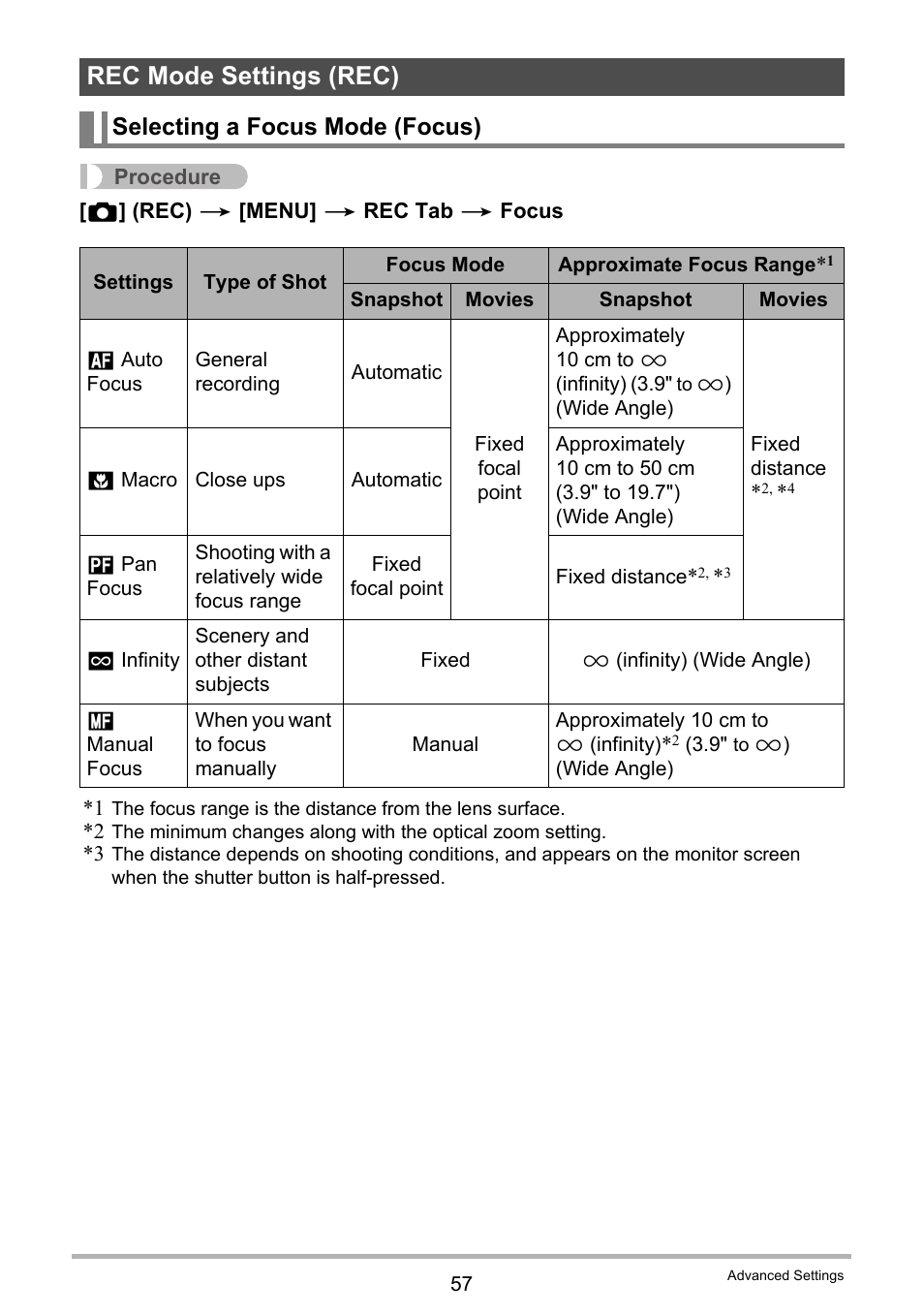 Rec mode settings (rec), Selecting a focus mode (focus) | Casio EXILIM EX-Z16 User Manual | Page 57 / 146