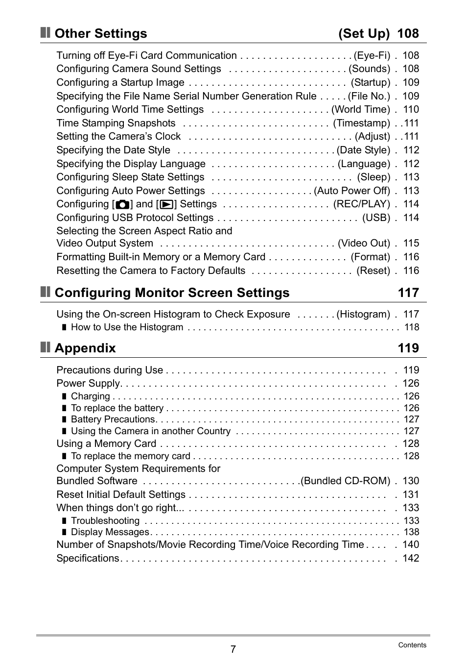 Other settings (set up) 108, Configuring monitor screen settings 117, Appendix 119 | Casio EXILIM EX-Z16 User Manual | Page 7 / 146