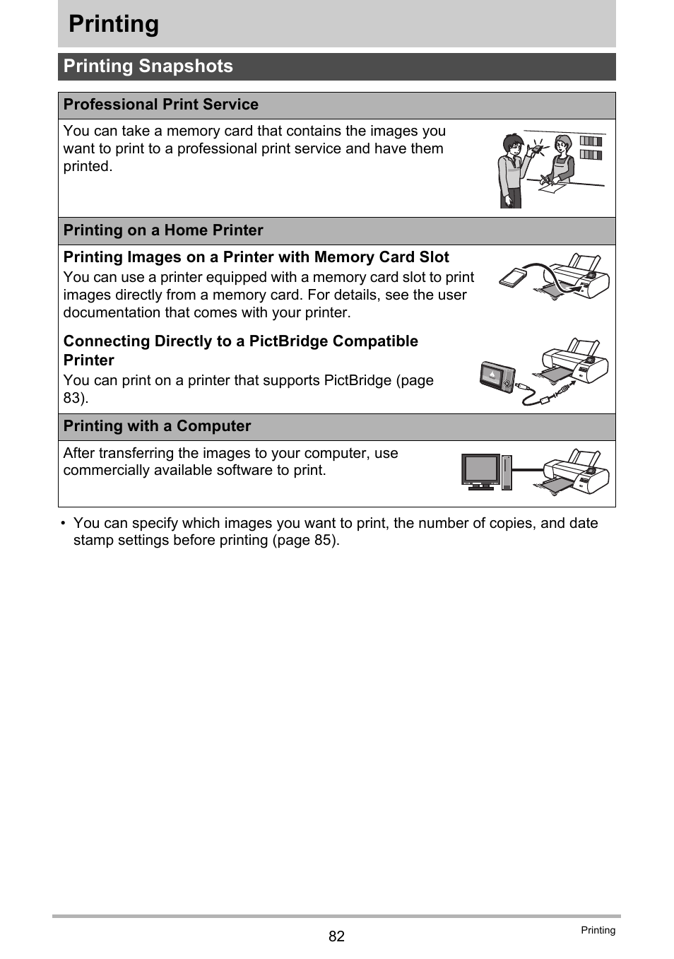 Printing, Printing snapshots | Casio EXILIM EX-Z16 User Manual | Page 82 / 146