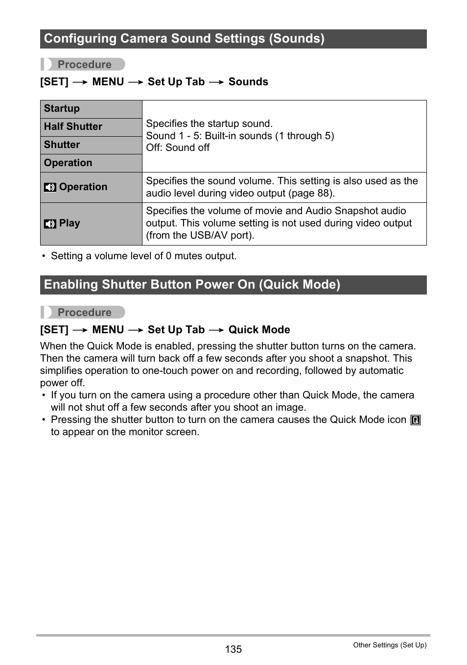 Configuring camera sound settings (sounds), Enabling shutter button power on (quick mode), Age 135) | Casio Exilim EX-S200 User Manual | Page 135 / 187