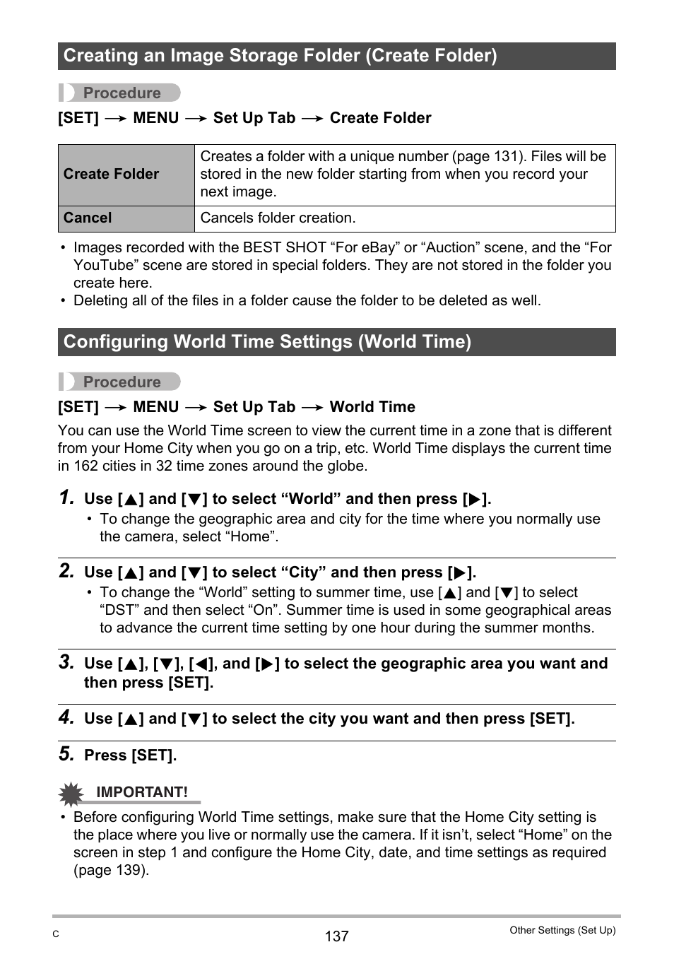 Creating an image storage folder (create folder), Configuring world time settings (world time) | Casio Exilim EX-S200 User Manual | Page 137 / 187