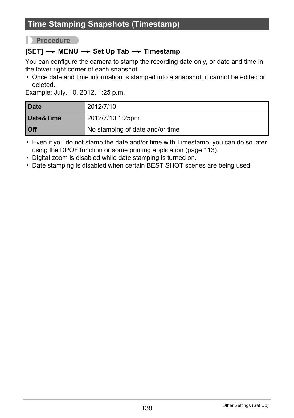 Time stamping snapshots (timestamp) | Casio Exilim EX-S200 User Manual | Page 138 / 187
