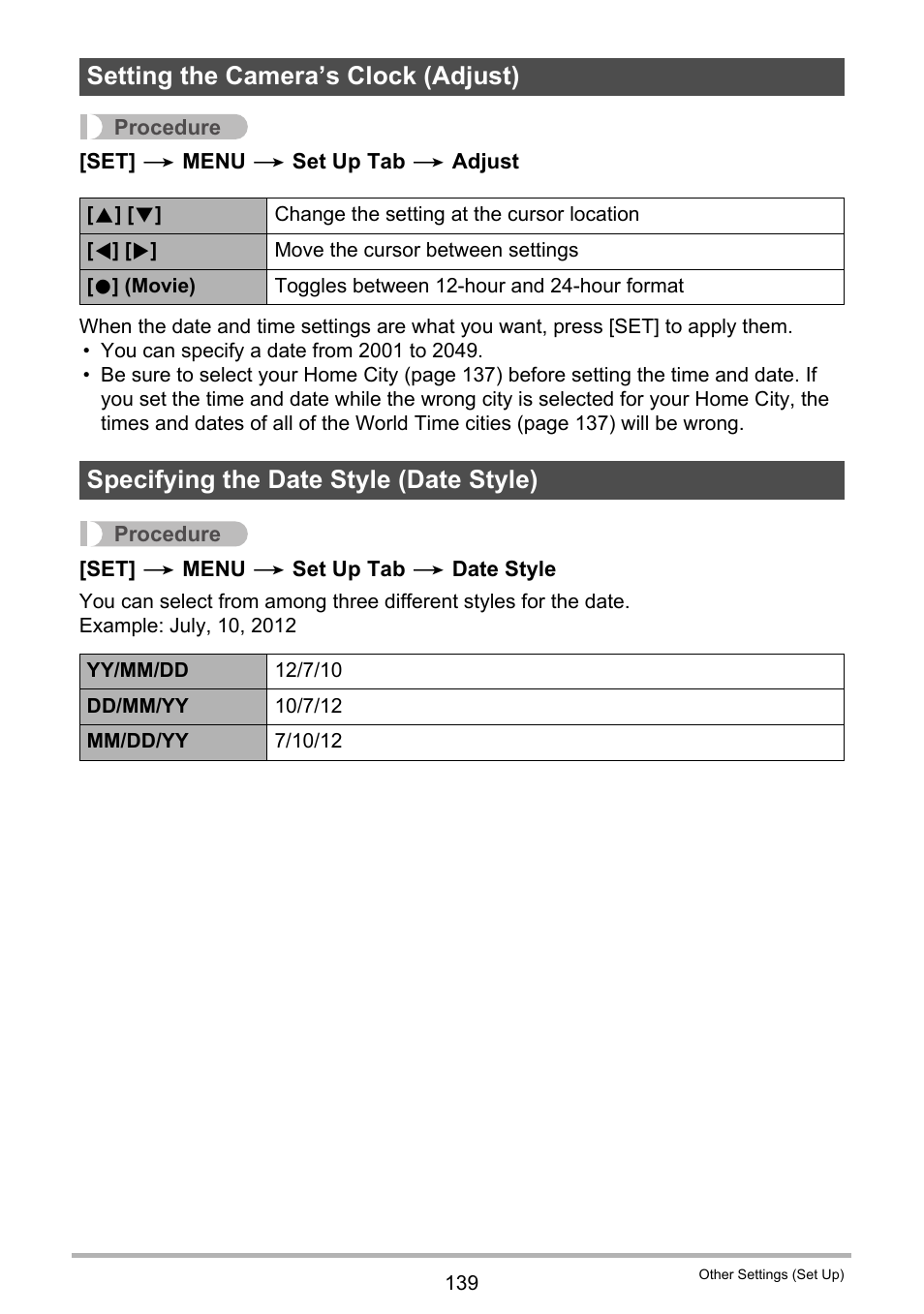 Setting the camera’s clock (adjust), Specifying the date style (date style) | Casio Exilim EX-S200 User Manual | Page 139 / 187