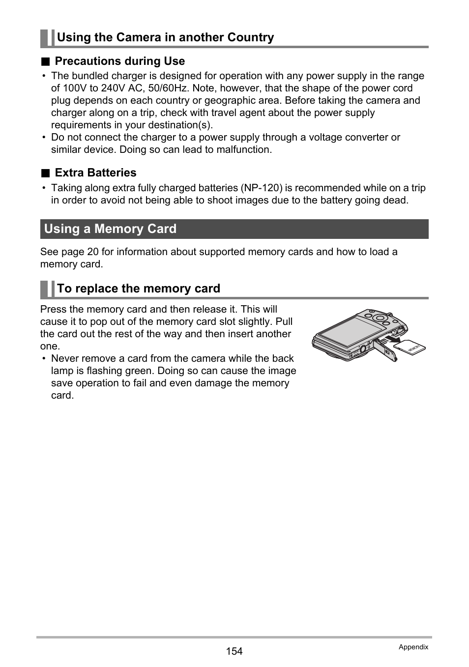 Using the camera in another country, Using a memory card, To replace the memory card | Casio Exilim EX-S200 User Manual | Page 154 / 187