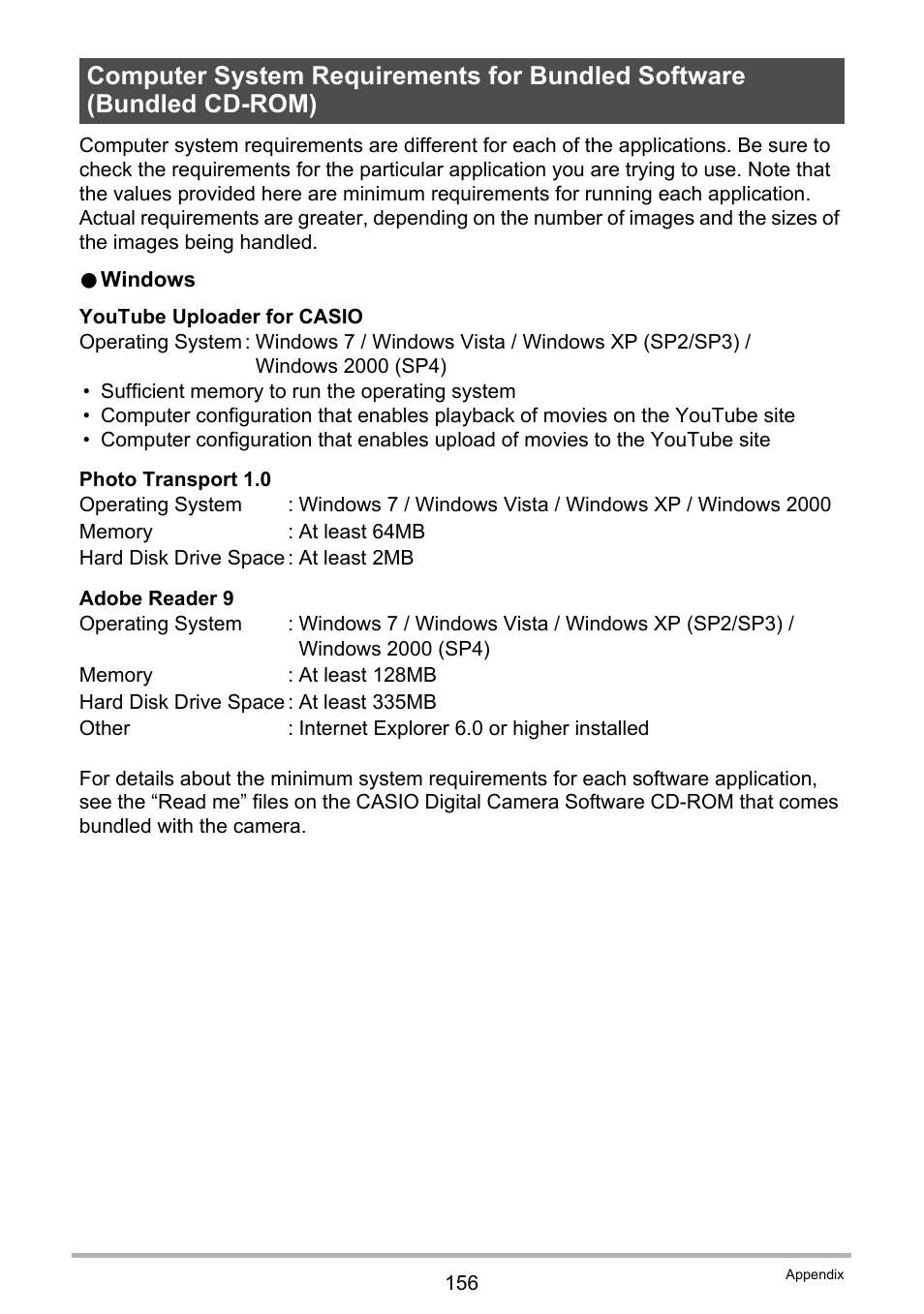 Computer system requirements for bundled software, Bundled cd-rom) . 156, Age 156 of | Casio Exilim EX-S200 User Manual | Page 156 / 187