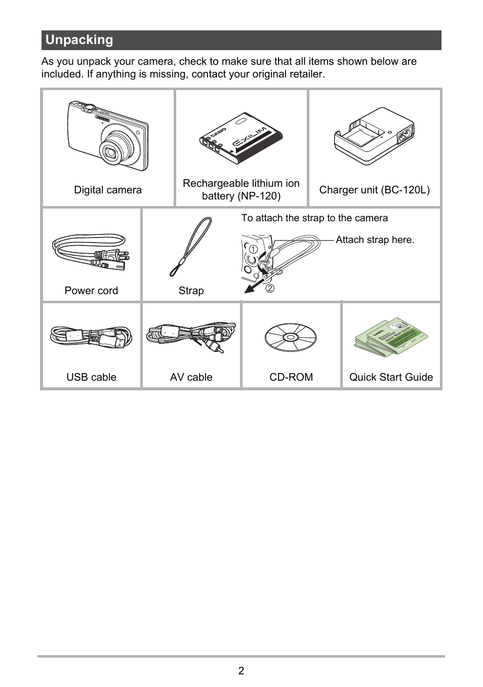 Unpacking | Casio Exilim EX-S200 User Manual | Page 2 / 187