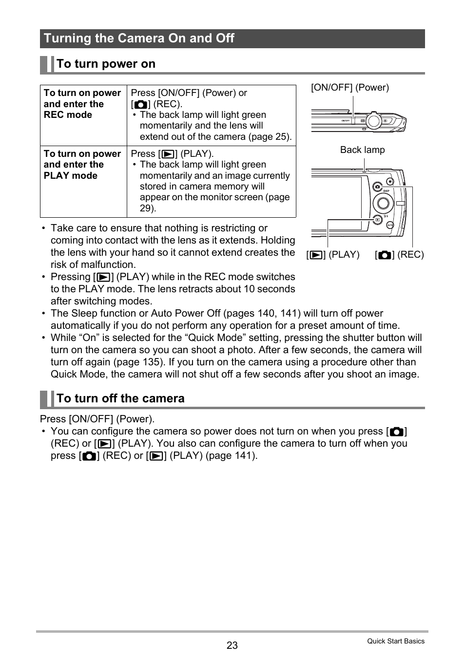 Turning the camera on and off, To turn power on, To turn off the camera | Casio Exilim EX-S200 User Manual | Page 23 / 187