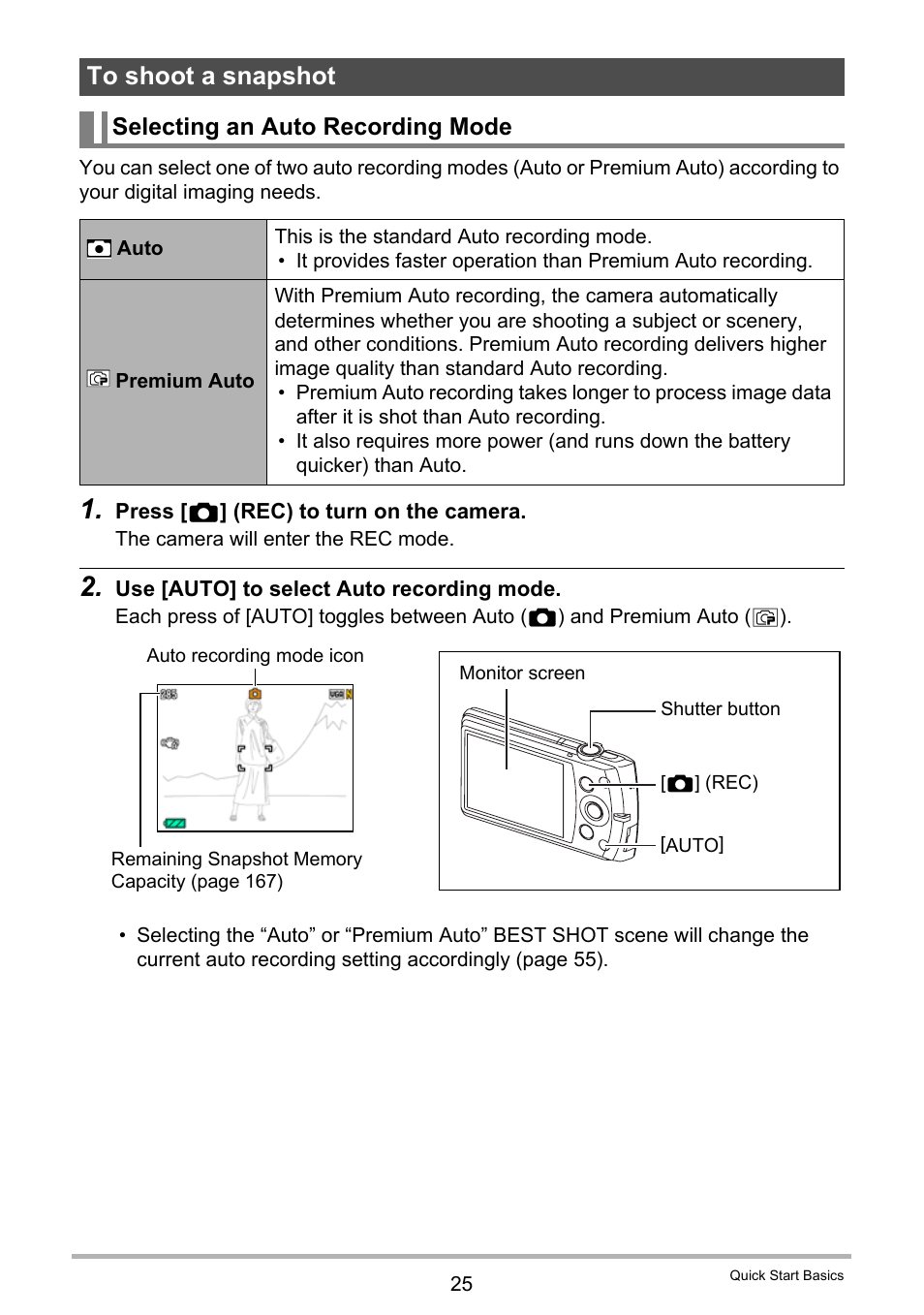 To shoot a snapshot, Selecting an auto recording mode, 25) and | Casio Exilim EX-S200 User Manual | Page 25 / 187