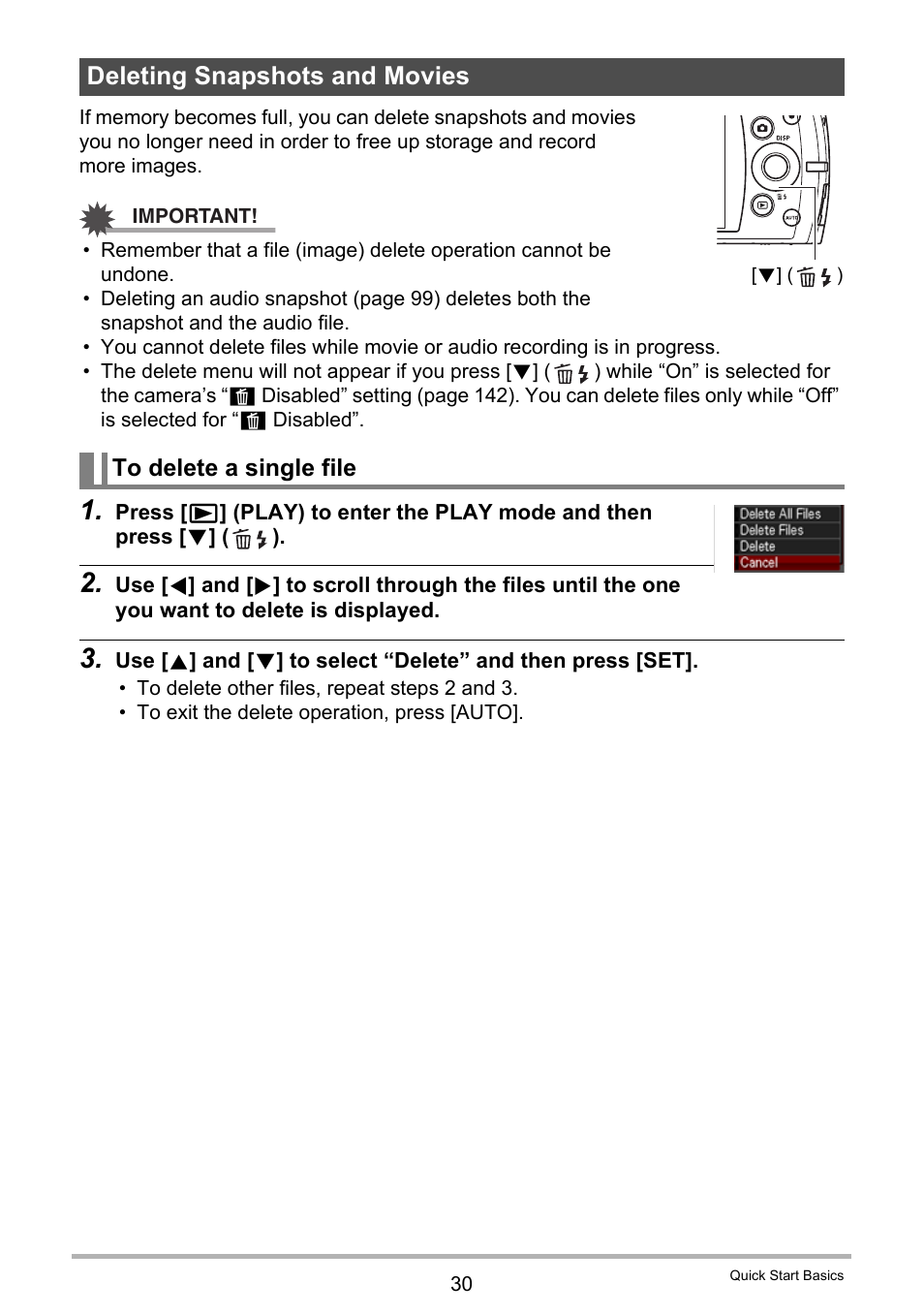Deleting snapshots and movies, To delete a single file | Casio Exilim EX-S200 User Manual | Page 30 / 187
