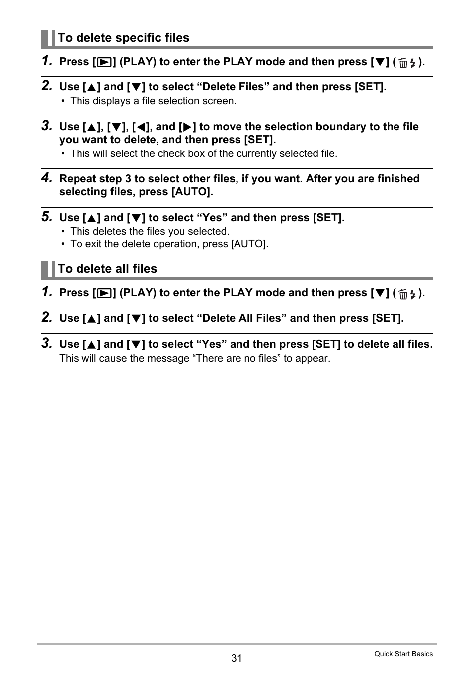 To delete specific files, To delete all files | Casio Exilim EX-S200 User Manual | Page 31 / 187