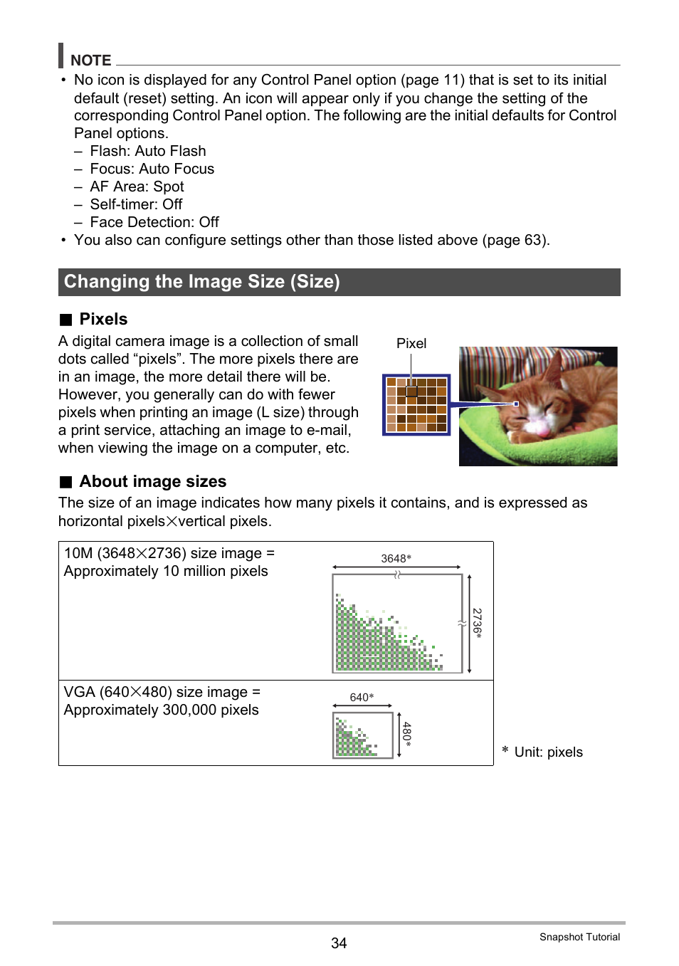 Changing the image size (size), Pixels, About image sizes | Casio Exilim EX-S200 User Manual | Page 34 / 187