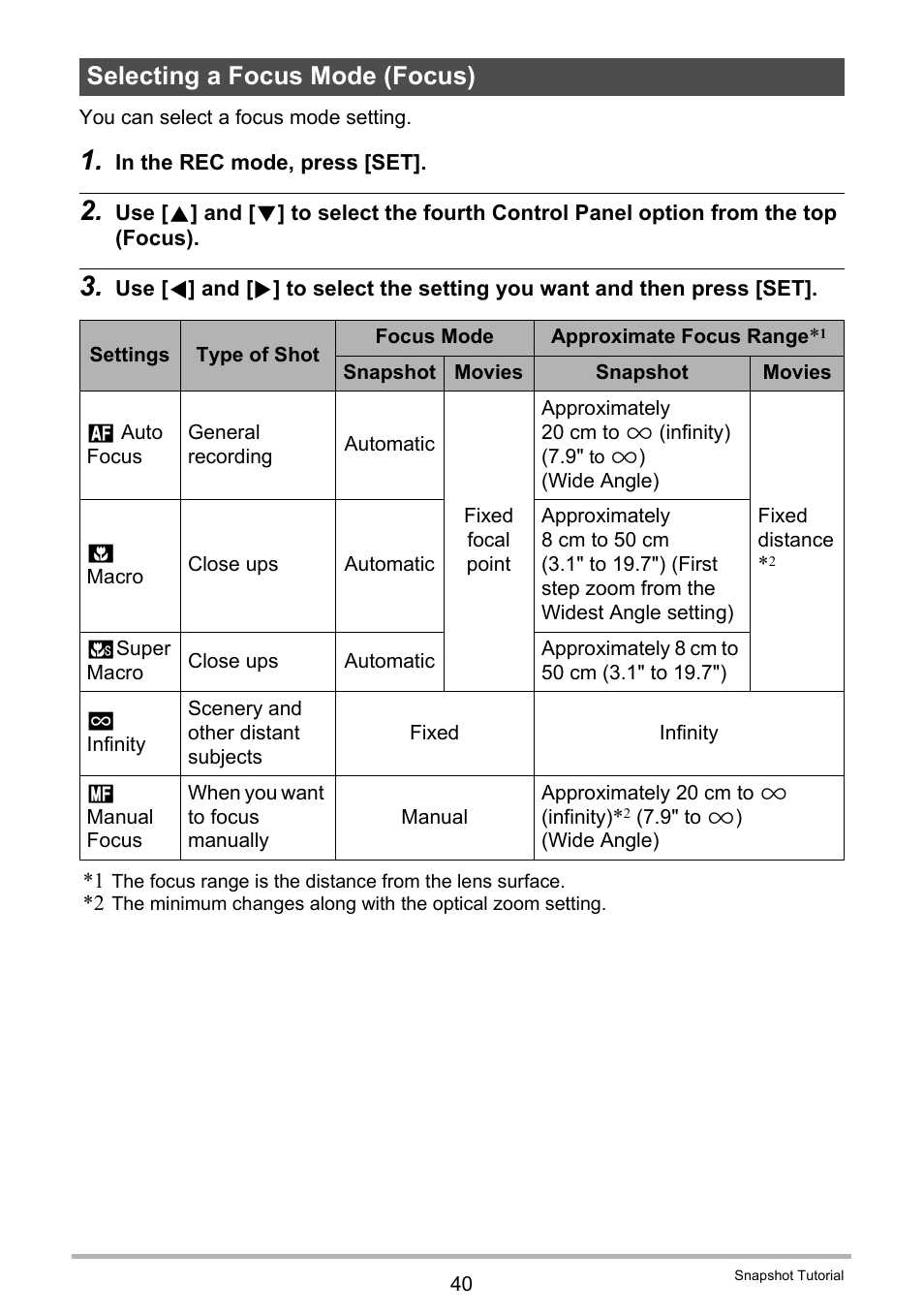 Selecting a focus mode (focus) | Casio Exilim EX-S200 User Manual | Page 40 / 187