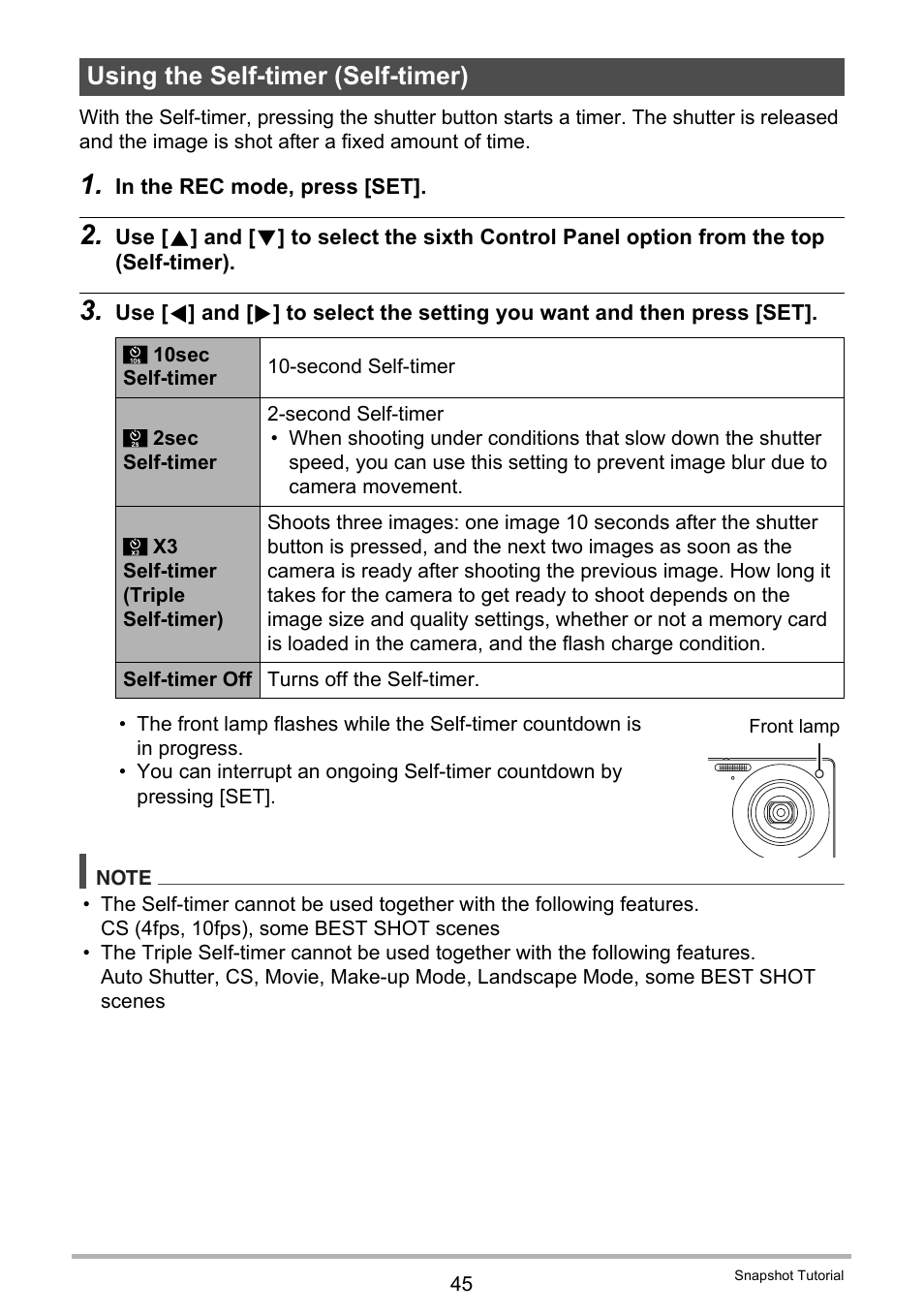 Using the self-timer (self-timer) | Casio Exilim EX-S200 User Manual | Page 45 / 187