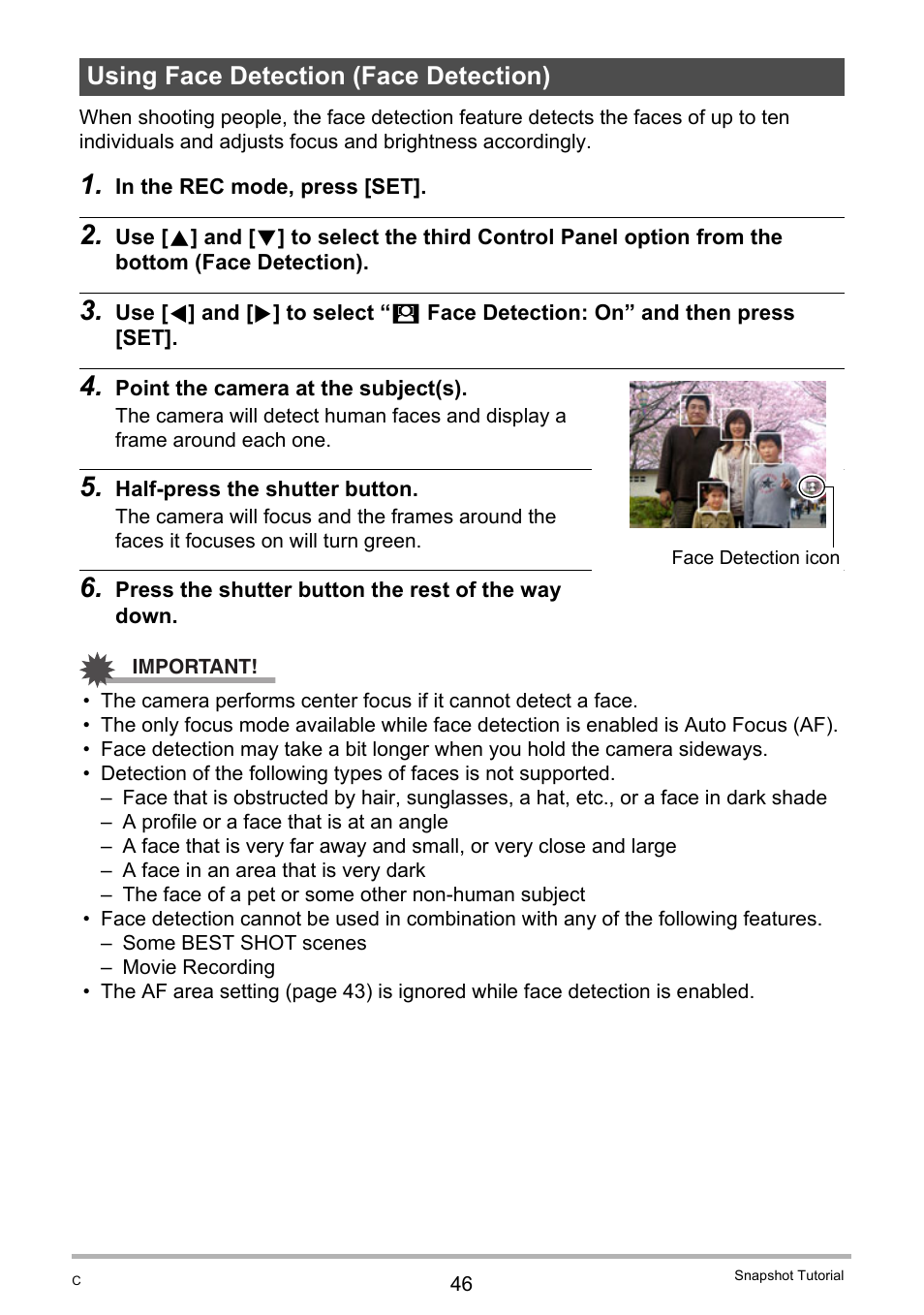 Using face detection (face detection) | Casio Exilim EX-S200 User Manual | Page 46 / 187