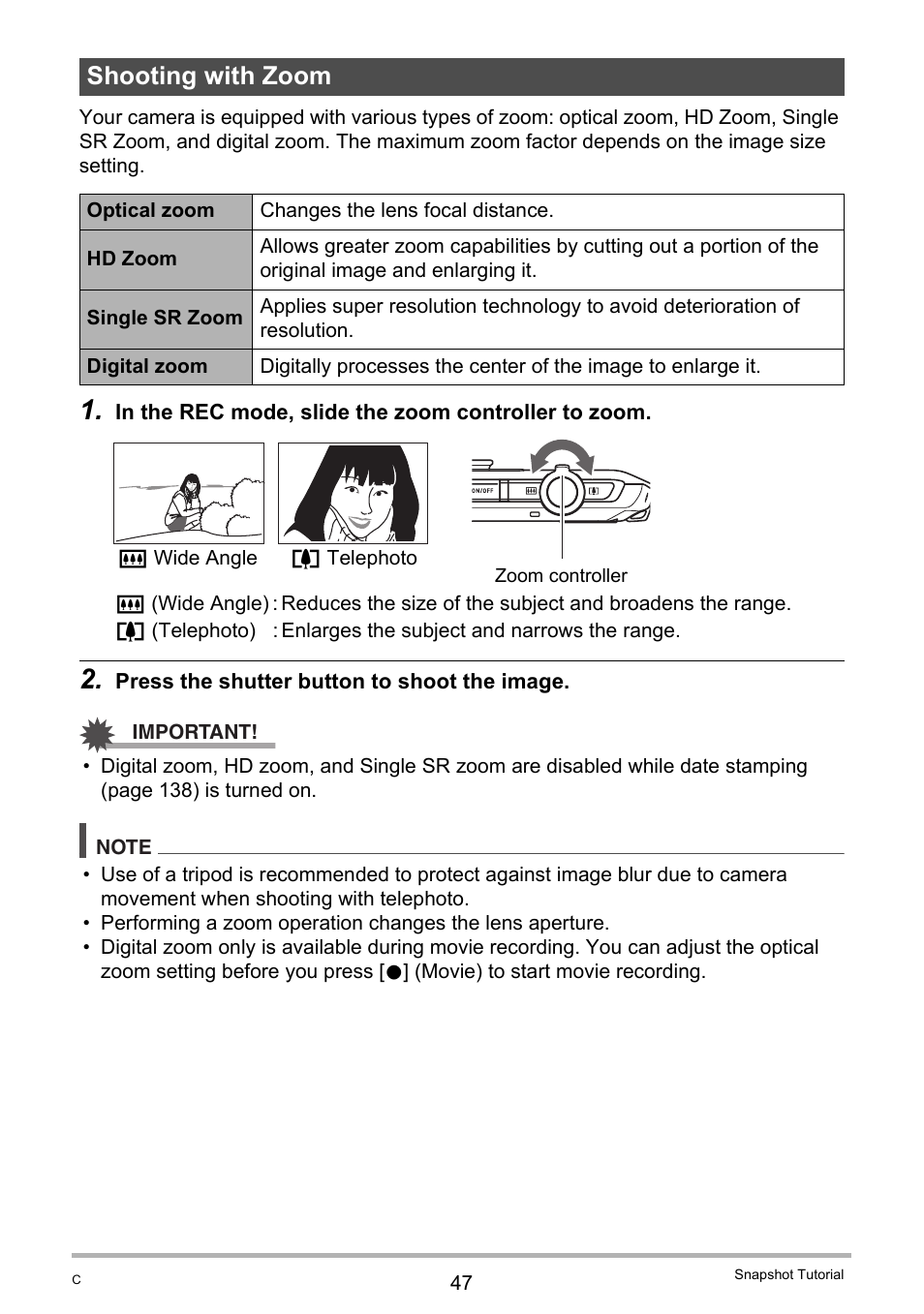 Shooting with zoom | Casio Exilim EX-S200 User Manual | Page 47 / 187