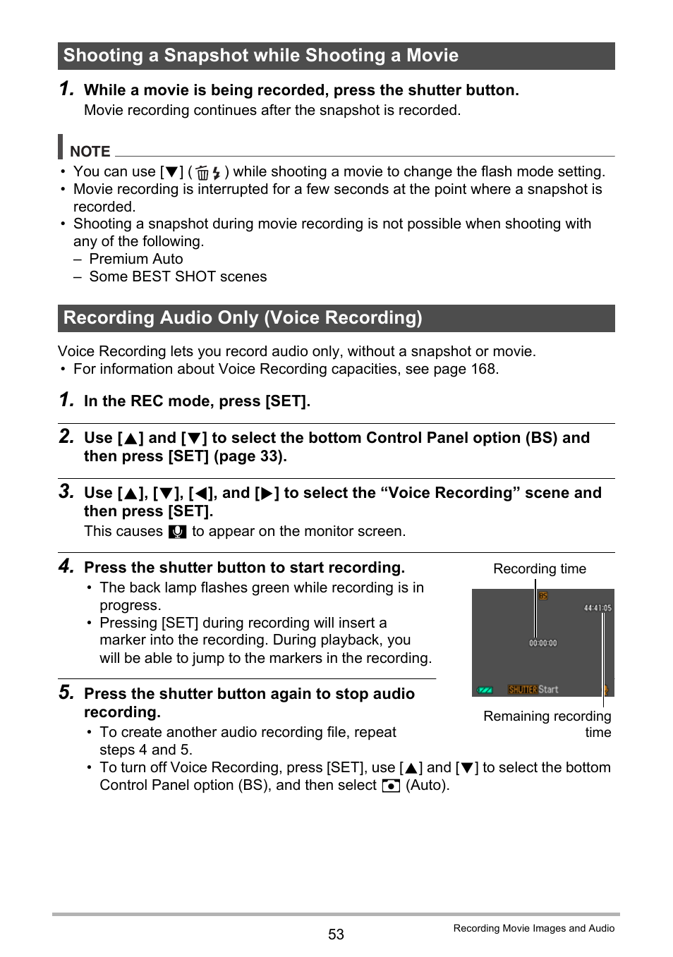 Shooting a snapshot while shooting a movie, Recording audio only (voice recording) | Casio Exilim EX-S200 User Manual | Page 53 / 187