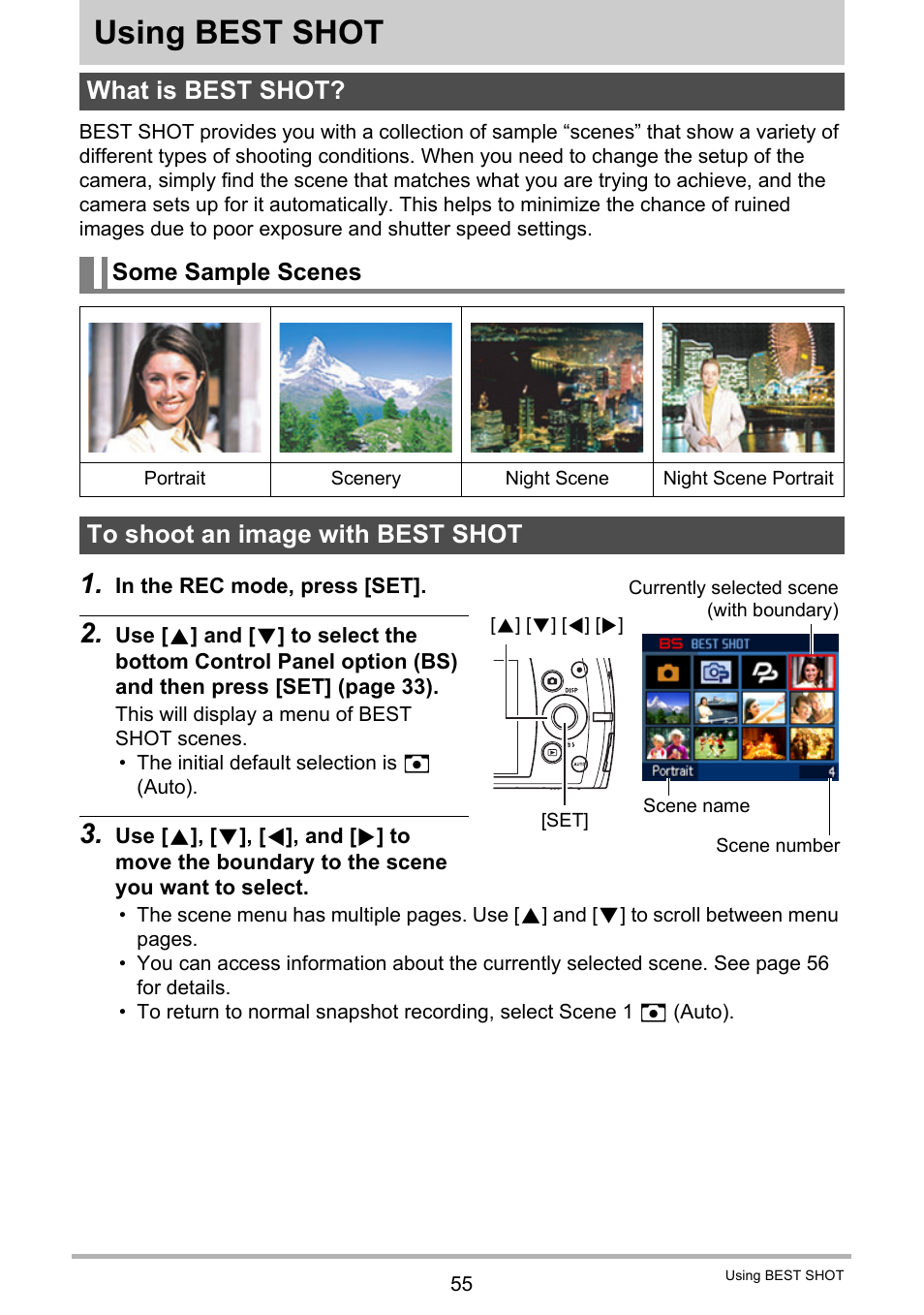 Using best shot, What is best shot, Some sample scenes | To shoot an image with best shot, 55), you can sel | Casio Exilim EX-S200 User Manual | Page 55 / 187