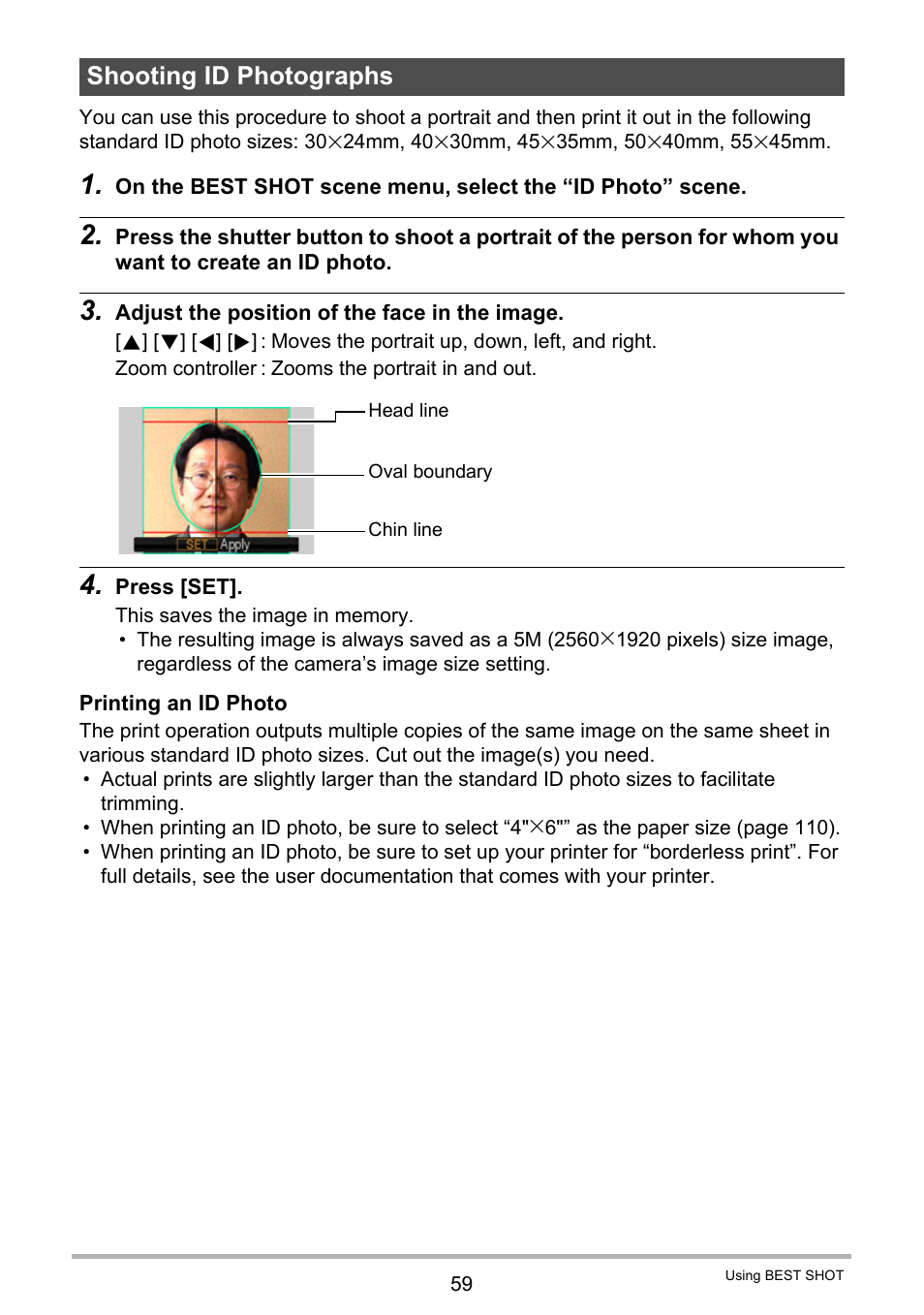 Shooting id photographs | Casio Exilim EX-S200 User Manual | Page 59 / 187