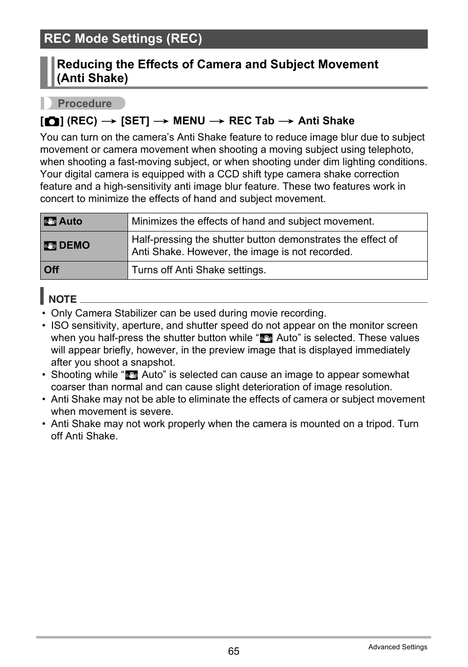 Rec mode settings (rec) | Casio Exilim EX-S200 User Manual | Page 65 / 187