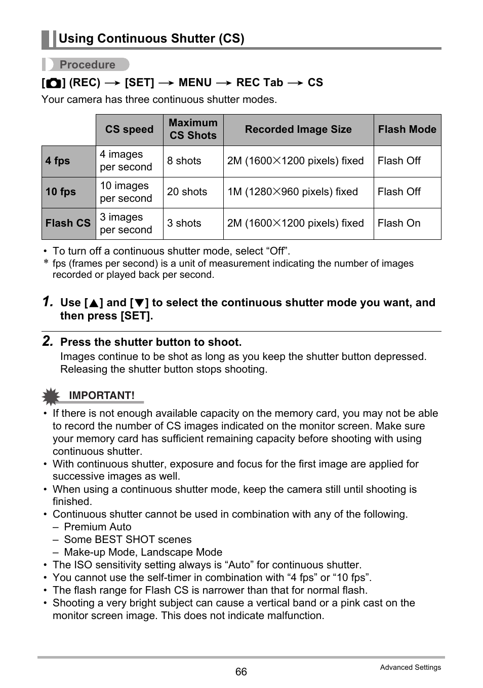 Using continuous shutter (cs) | Casio Exilim EX-S200 User Manual | Page 66 / 187