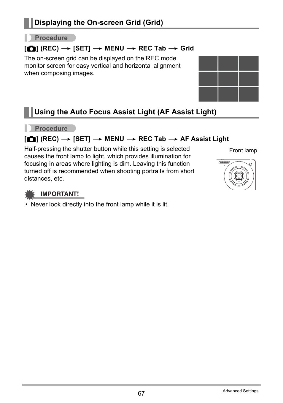 Displaying the on-screen grid (grid) | Casio Exilim EX-S200 User Manual | Page 67 / 187
