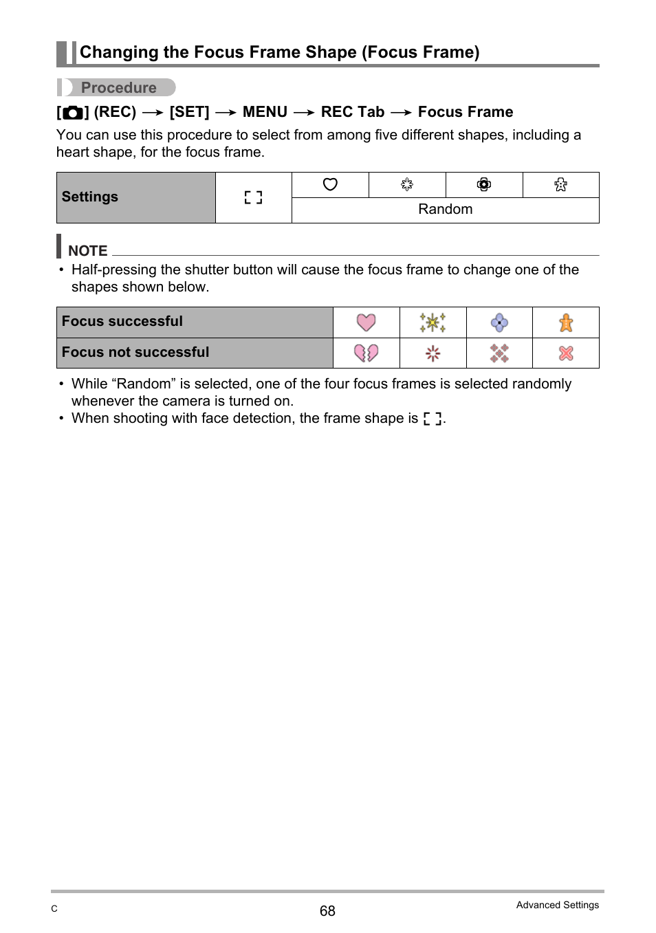 Changing the focus frame shape (focus frame) | Casio Exilim EX-S200 User Manual | Page 68 / 187