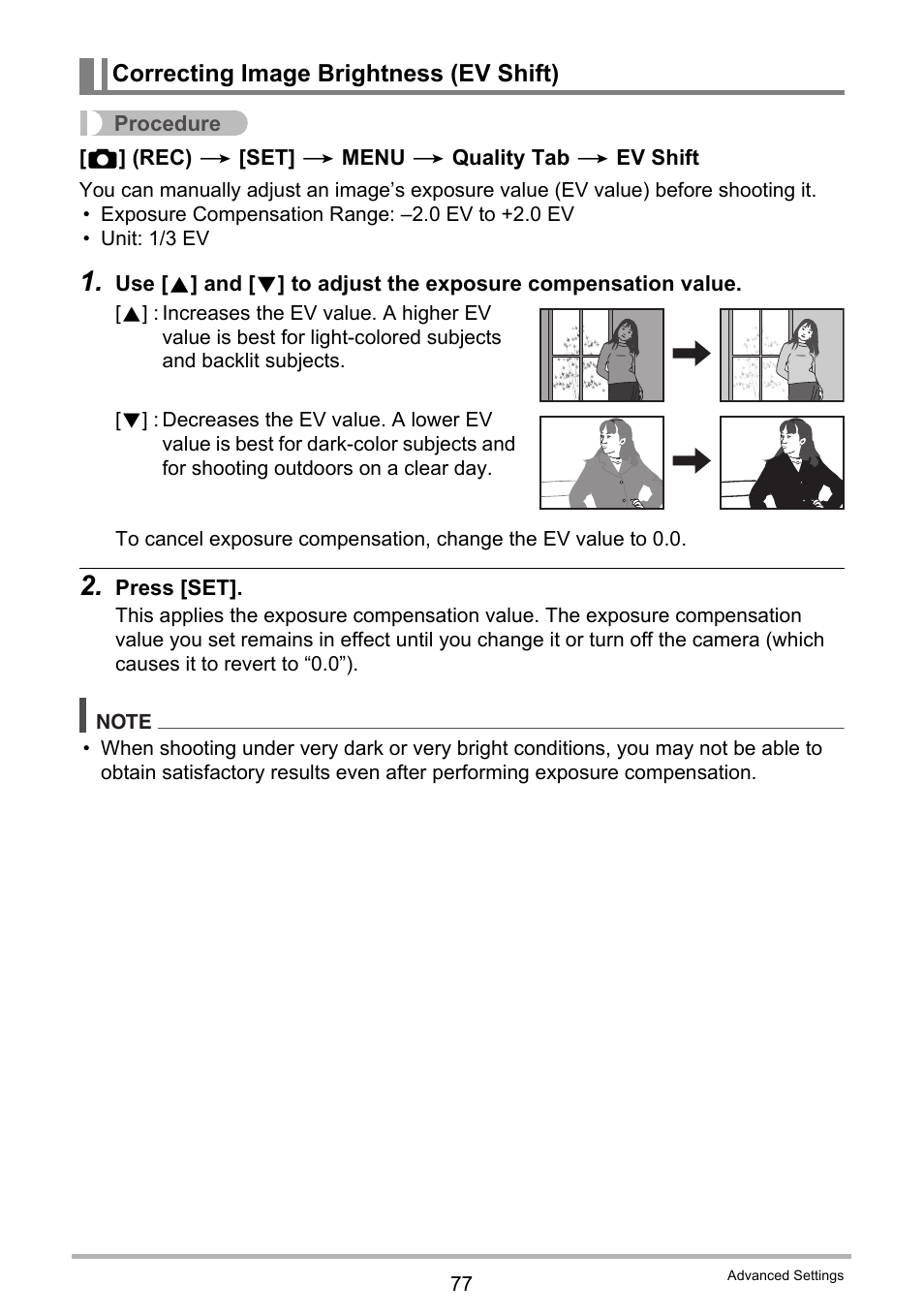 Correcting image brightness (ev shift) | Casio Exilim EX-S200 User Manual | Page 77 / 187