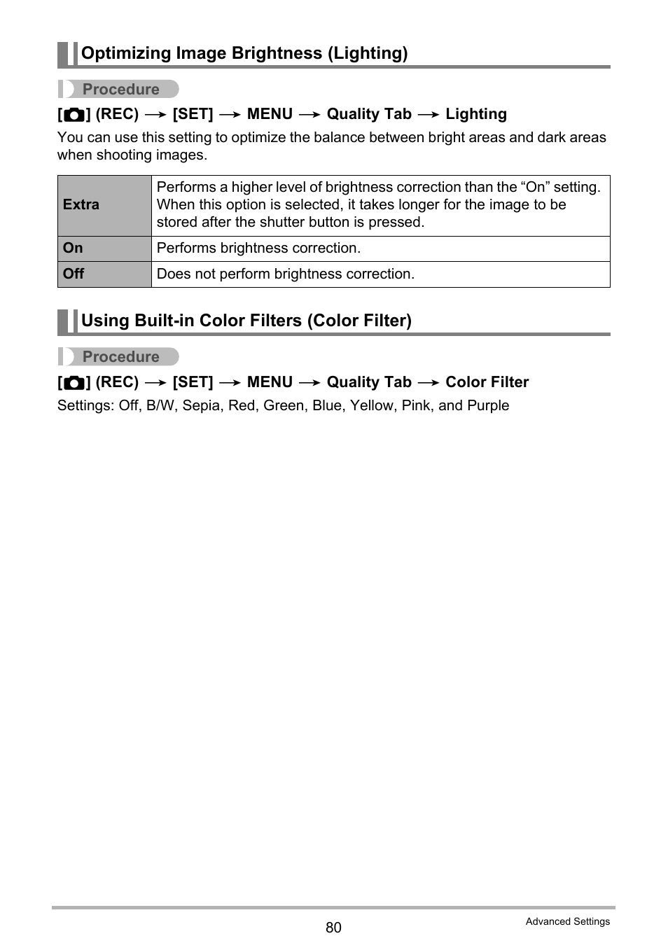 Optimizing image brightness (lighting), Using built-in color filters (color filter) | Casio Exilim EX-S200 User Manual | Page 80 / 187