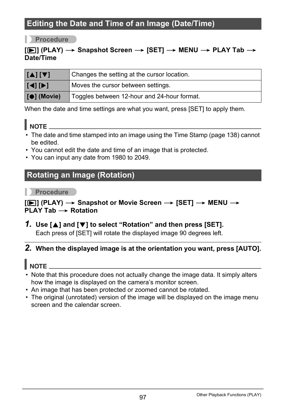 Editing the date and time of an image (date/time), Rotating an image (rotation) | Casio Exilim EX-S200 User Manual | Page 97 / 187