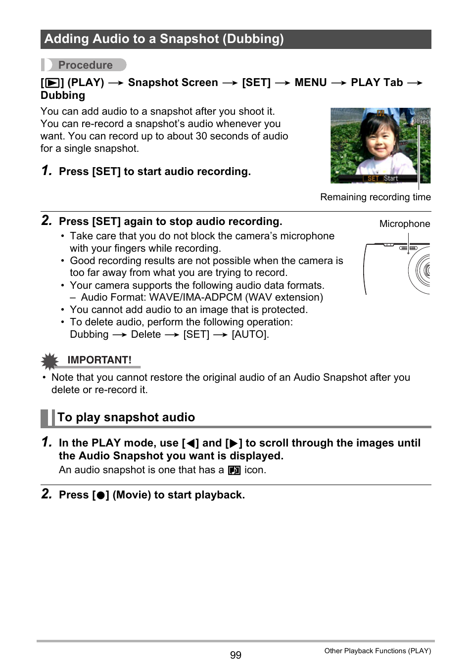 Adding audio to a snapshot (dubbing), To play snapshot audio | Casio Exilim EX-S200 User Manual | Page 99 / 187