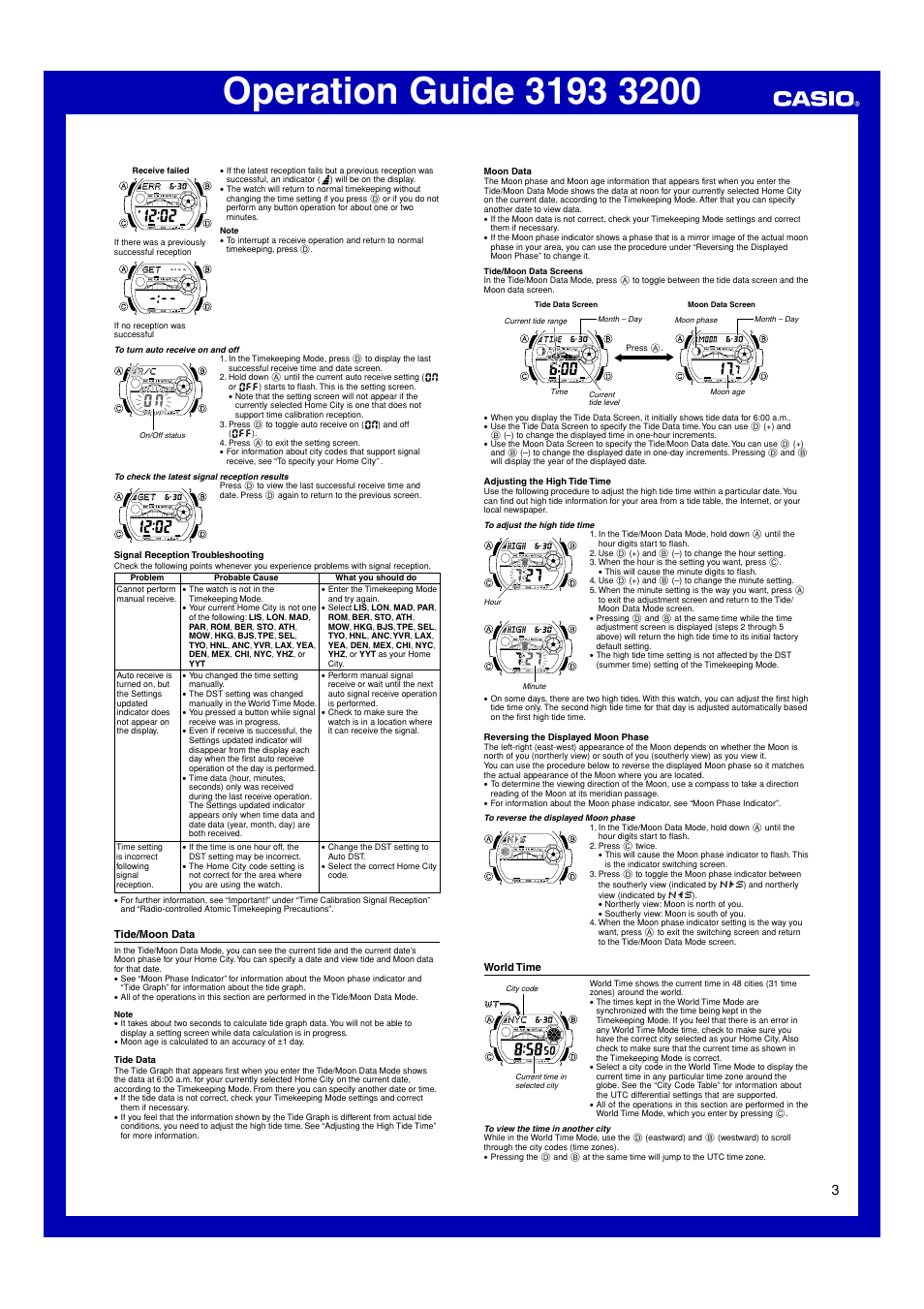 Tide/moon data, World time | Casio 3193 User Manual | Page 3 / 8