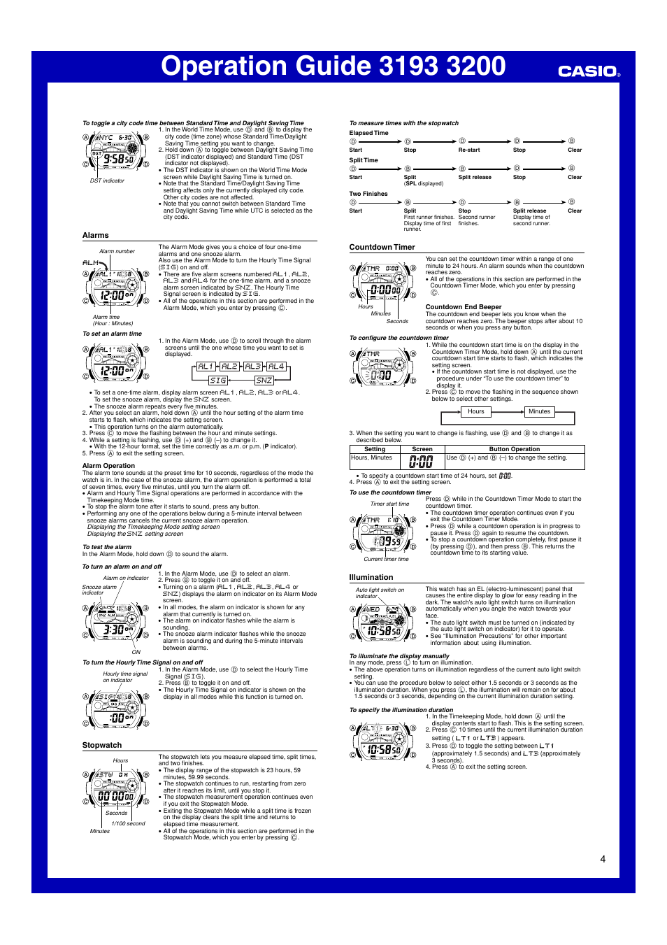 Alarms, Stopwatch, Countdown timer | Illumination | Casio 3193 User Manual | Page 4 / 8