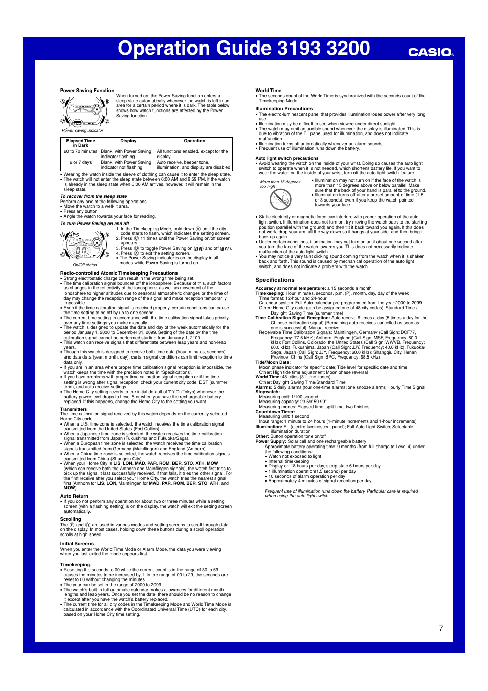 Specifications | Casio 3193 User Manual | Page 7 / 8