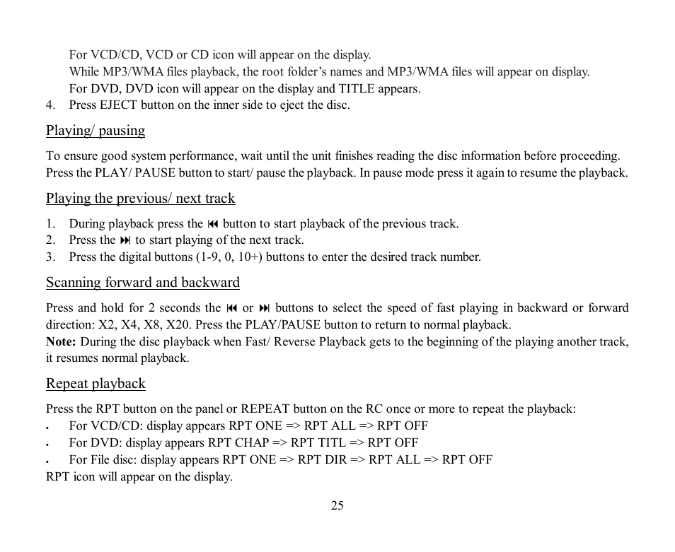 Playing/ pausing, Playing the previous/ next track, Scanning forward and backward | Repeat playback | Hyundai H-CMD4000 User Manual | Page 25 / 85