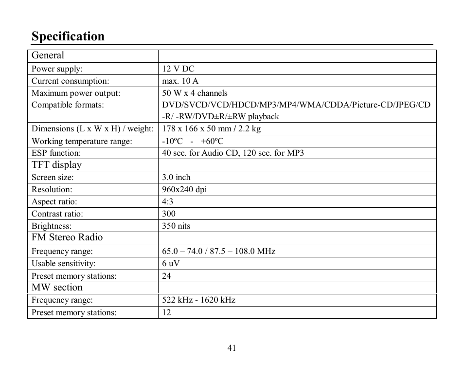 Specification | Hyundai H-CMD4000 User Manual | Page 41 / 85
