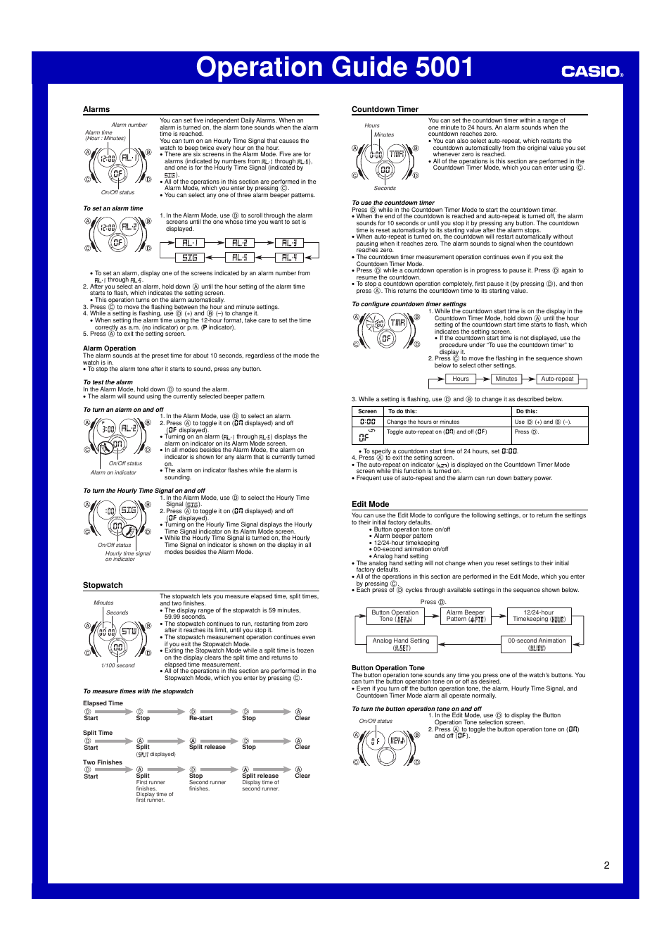 Alarms, Stopwatch, Countdown timer | Edit mode, Operation guide 5001 | Casio 5001 User Manual | Page 2 / 3
