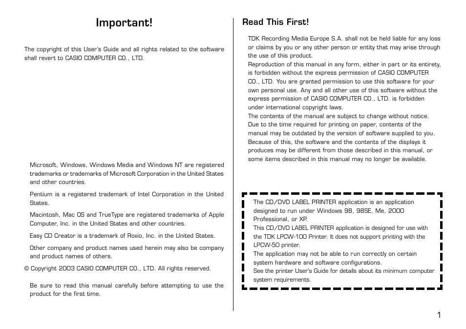 Important, Read this first | Casio LPCW-100 User Manual | Page 2 / 69