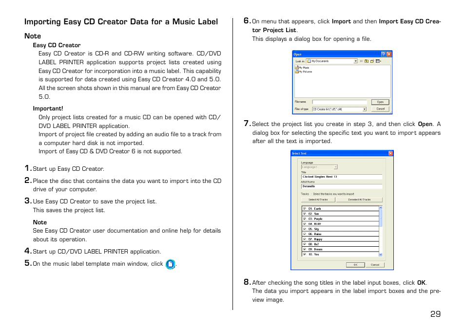 Importing easy cd creator data for a music label | Casio LPCW-100 User Manual | Page 30 / 69