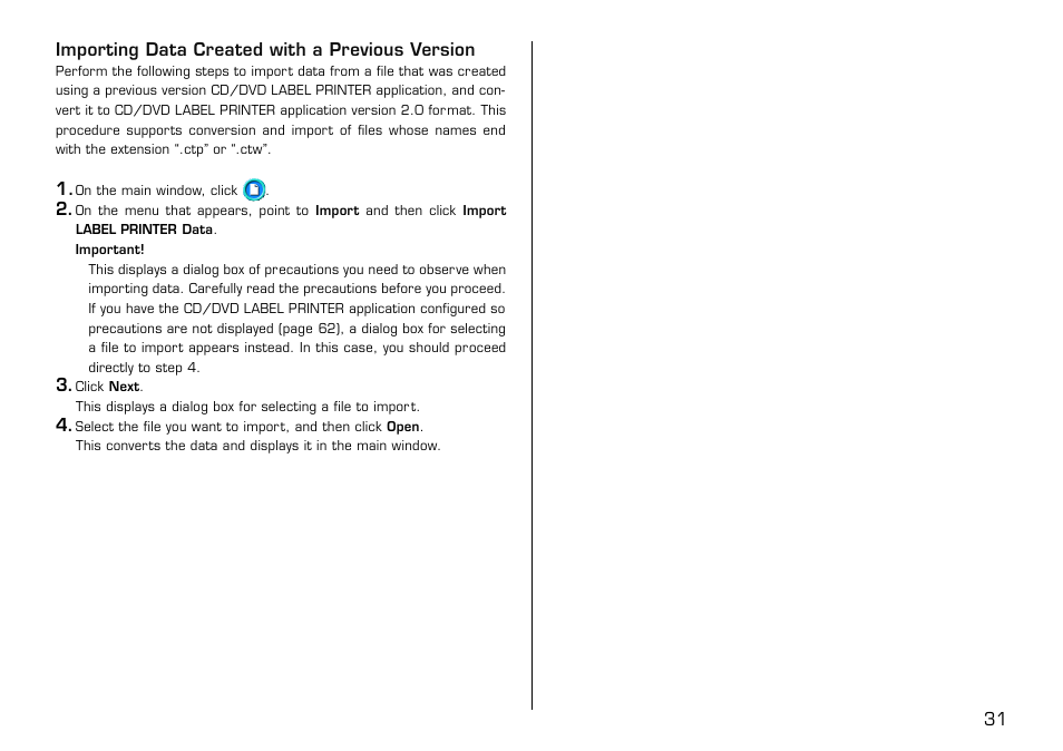 Importing data created with a previous version | Casio LPCW-100 User Manual | Page 32 / 69