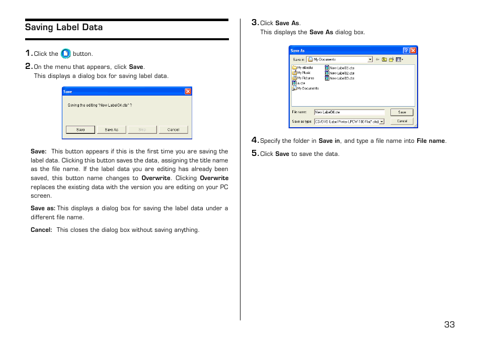 Saving label data | Casio LPCW-100 User Manual | Page 34 / 69