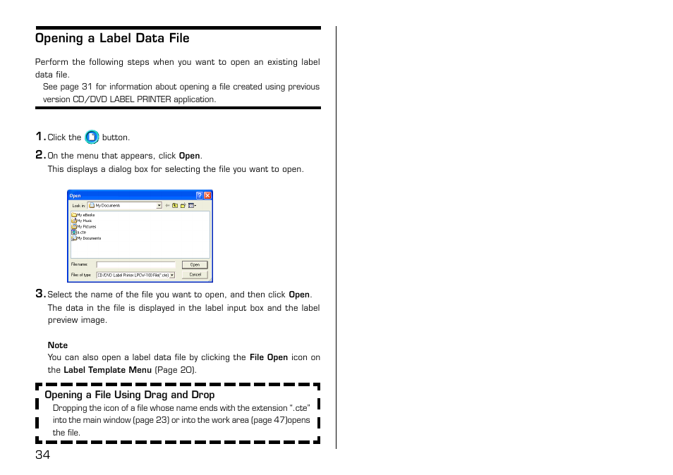 Opening a label data file | Casio LPCW-100 User Manual | Page 35 / 69