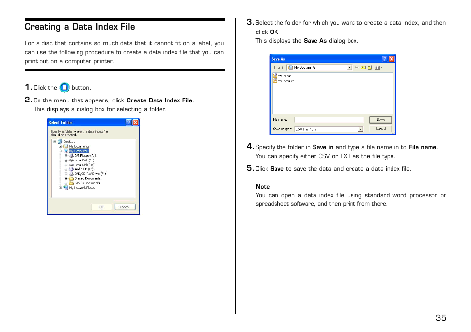 Creating a data index file | Casio LPCW-100 User Manual | Page 36 / 69